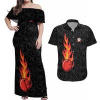 Flaming Bowling Ball Couples Matching Off Shoulder Maxi Dress and Hawaiian Shirt with Strike Explosion and Funny Quote Graphic on Bowling - Wonder Print Shop