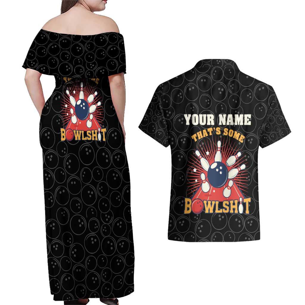 Flaming Bowling Ball Couples Matching Off Shoulder Maxi Dress and Hawaiian Shirt with Strike Explosion and Funny Quote Graphic on Bowling - Wonder Print Shop