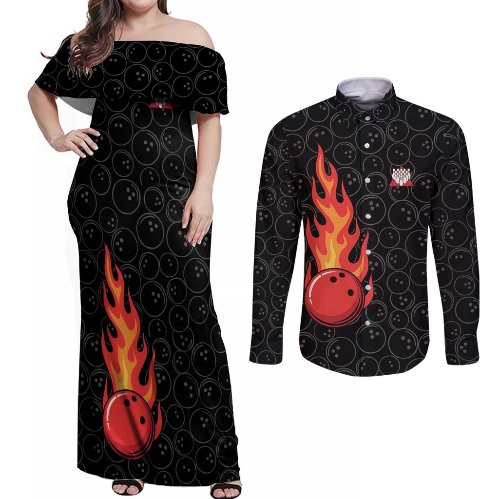 Flaming Bowling Ball Couples Matching Off Shoulder Maxi Dress and Long Sleeve Button Shirt with Strike Explosion and Funny Quote Graphic on Bowling - Wonder Print Shop