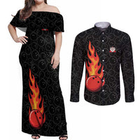 Flaming Bowling Ball Couples Matching Off Shoulder Maxi Dress and Long Sleeve Button Shirt with Strike Explosion and Funny Quote Graphic on Bowling - Wonder Print Shop
