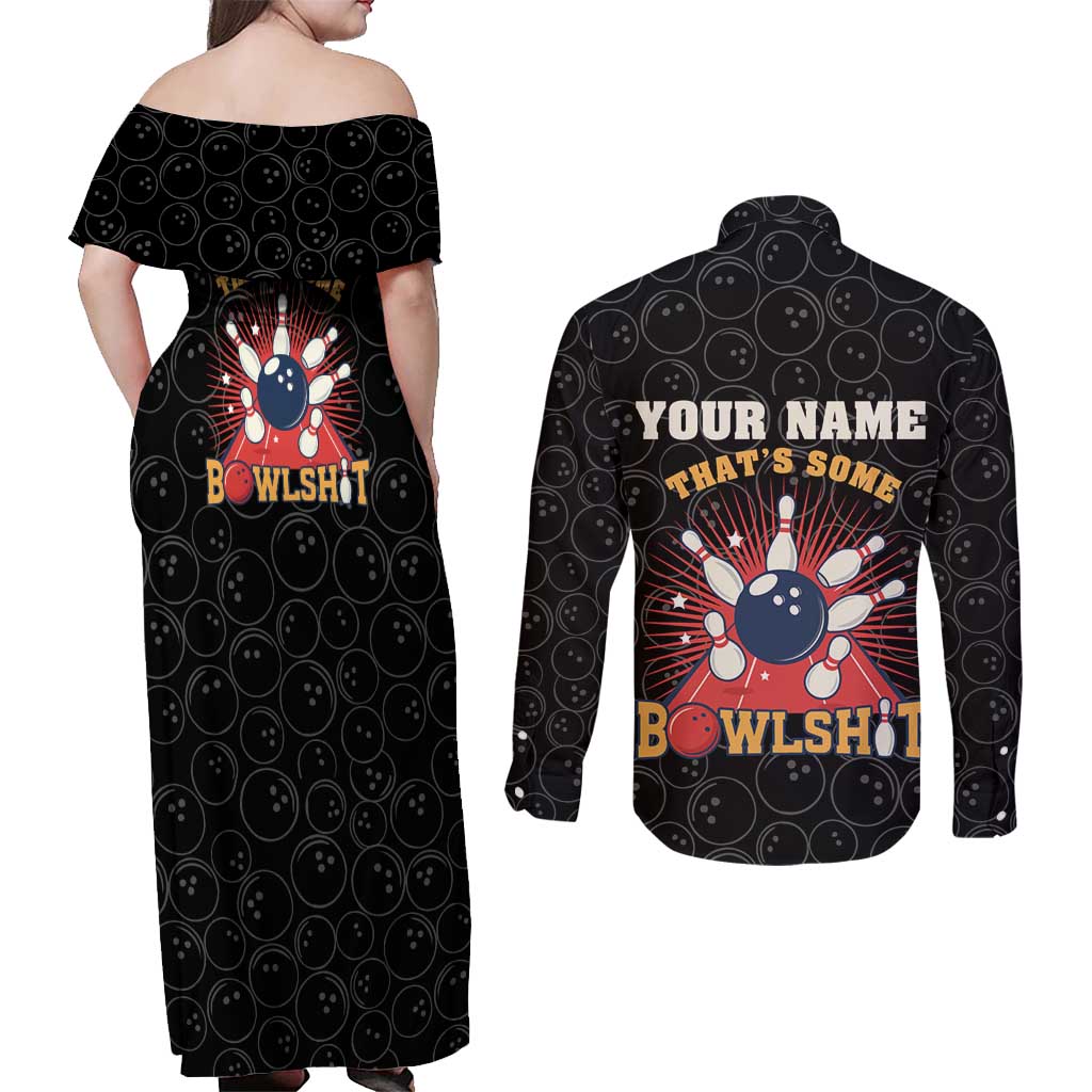 Flaming Bowling Ball Couples Matching Off Shoulder Maxi Dress and Long Sleeve Button Shirt with Strike Explosion and Funny Quote Graphic on Bowling - Wonder Print Shop