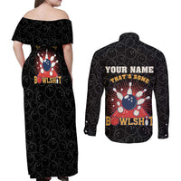 Flaming Bowling Ball Couples Matching Off Shoulder Maxi Dress and Long Sleeve Button Shirt with Strike Explosion and Funny Quote Graphic on Bowling - Wonder Print Shop