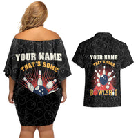 Flaming Bowling Ball Couples Matching Off Shoulder Short Dress and Hawaiian Shirt with Strike Explosion and Funny Quote Graphic on Bowling - Wonder Print Shop