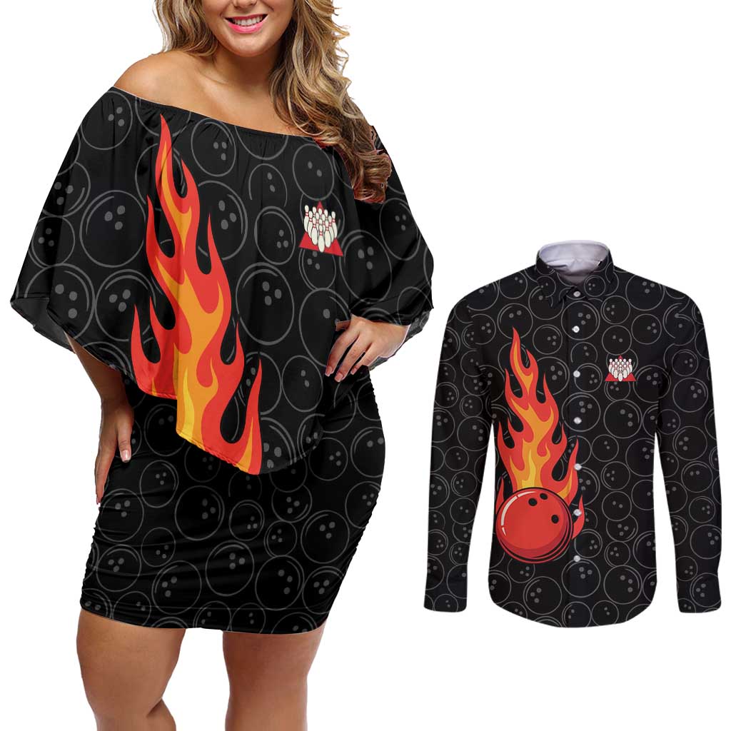 Flaming Bowling Ball Couples Matching Off Shoulder Short Dress and Long Sleeve Button Shirt with Strike Explosion and Funny Quote Graphic on Bowling - Wonder Print Shop