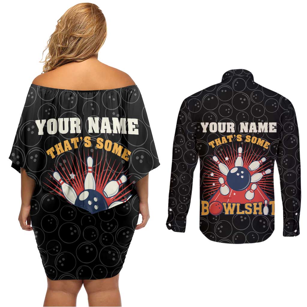 Flaming Bowling Ball Couples Matching Off Shoulder Short Dress and Long Sleeve Button Shirt with Strike Explosion and Funny Quote Graphic on Bowling - Wonder Print Shop