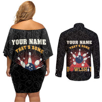 Flaming Bowling Ball Couples Matching Off Shoulder Short Dress and Long Sleeve Button Shirt with Strike Explosion and Funny Quote Graphic on Bowling - Wonder Print Shop