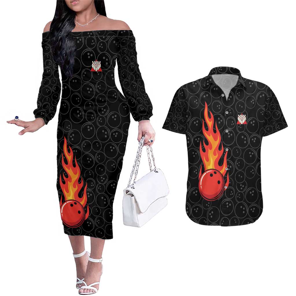 Flaming Bowling Ball Couples Matching Off The Shoulder Long Sleeve Dress and Hawaiian Shirt with Strike Explosion and Funny Quote Graphic on Bowling - Wonder Print Shop