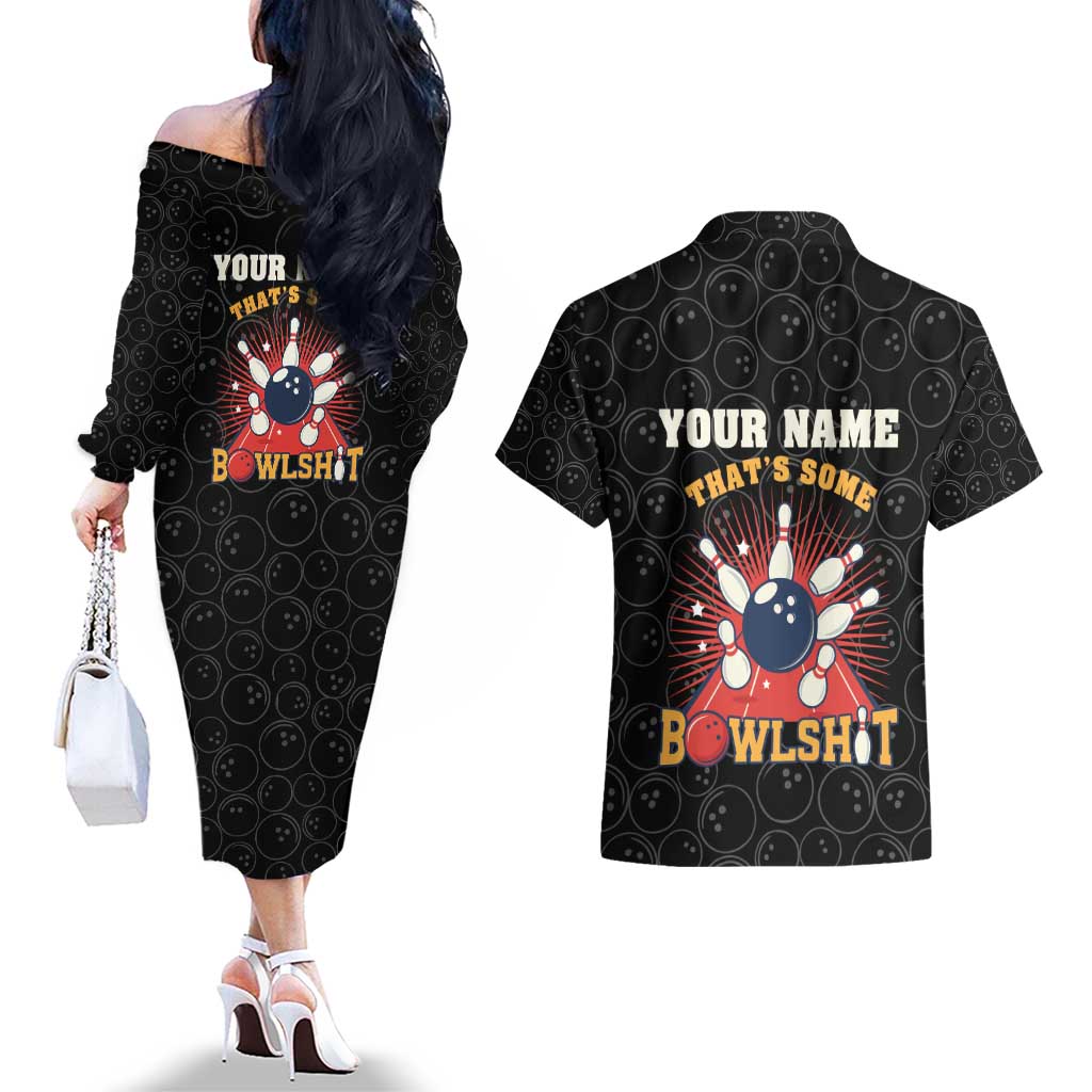 Flaming Bowling Ball Couples Matching Off The Shoulder Long Sleeve Dress and Hawaiian Shirt with Strike Explosion and Funny Quote Graphic on Bowling - Wonder Print Shop