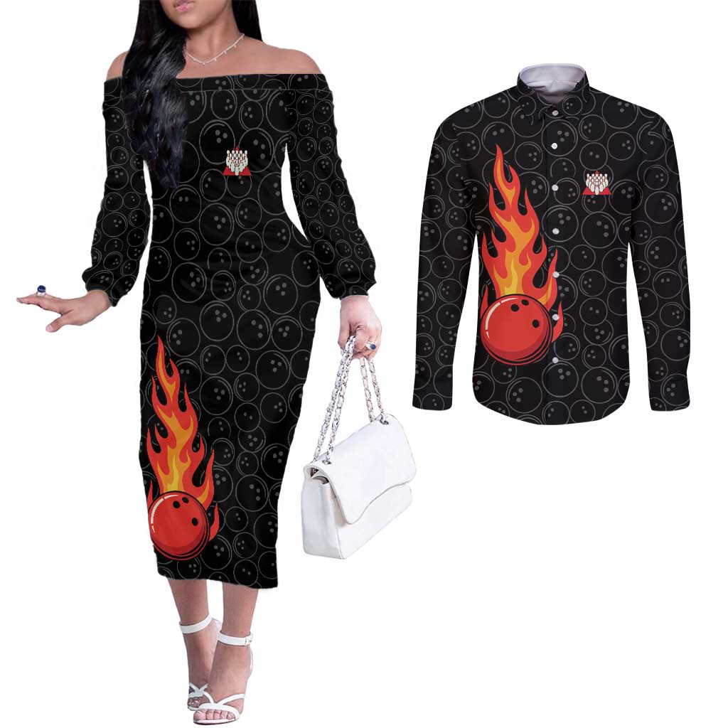 Flaming Bowling Ball Couples Matching Off The Shoulder Long Sleeve Dress and Long Sleeve Button Shirt with Strike Explosion and Funny Quote Graphic on Bowling - Wonder Print Shop