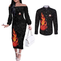 Flaming Bowling Ball Couples Matching Off The Shoulder Long Sleeve Dress and Long Sleeve Button Shirt with Strike Explosion and Funny Quote Graphic on Bowling - Wonder Print Shop