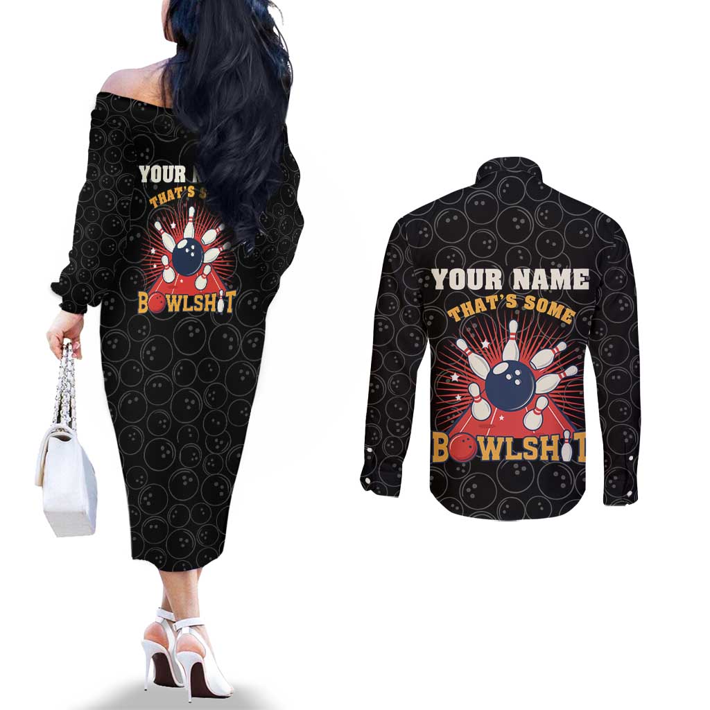 Flaming Bowling Ball Couples Matching Off The Shoulder Long Sleeve Dress and Long Sleeve Button Shirt with Strike Explosion and Funny Quote Graphic on Bowling - Wonder Print Shop