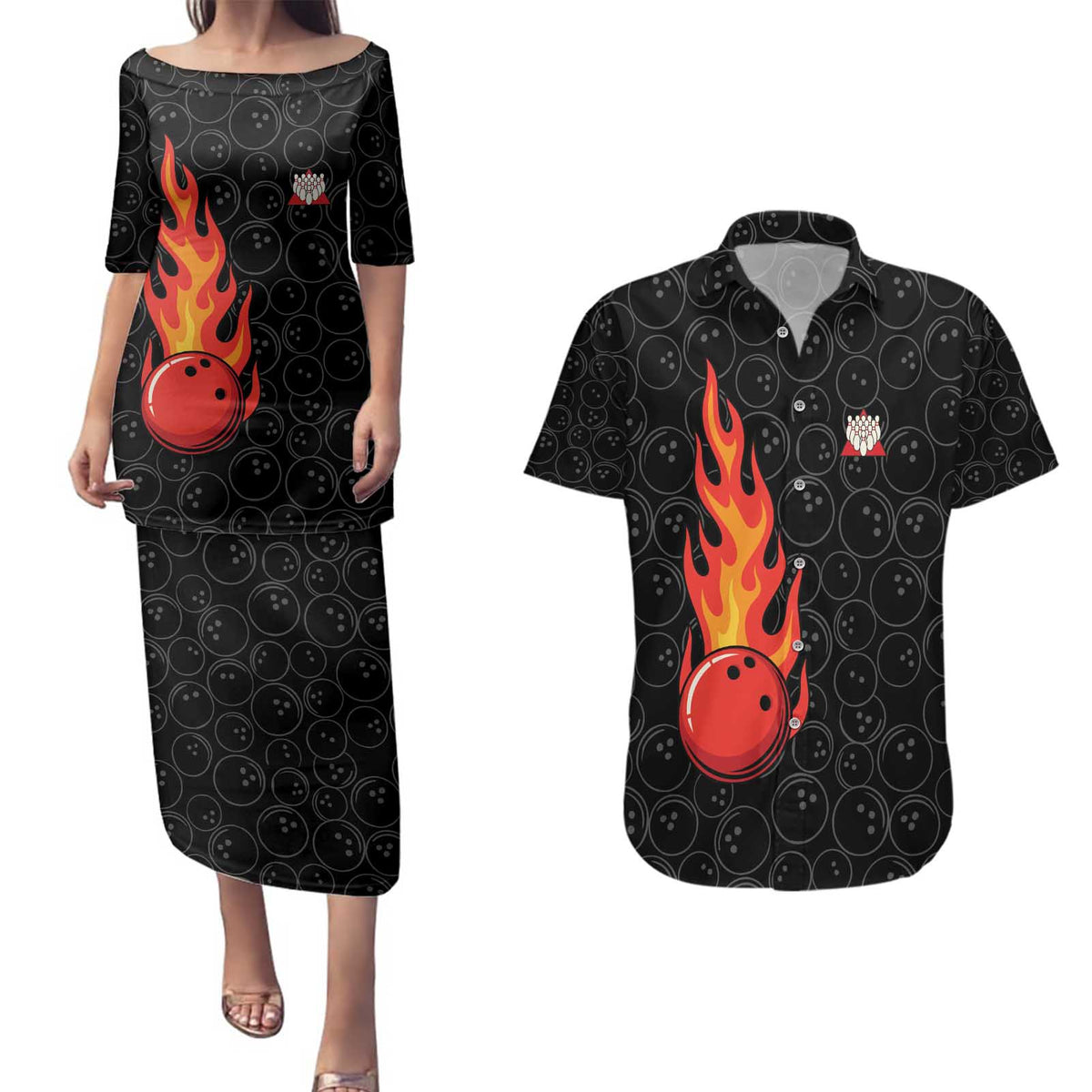 Flaming Bowling Ball Couples Matching Puletasi and Hawaiian Shirt with Strike Explosion and Funny Quote Graphic on Bowling - Wonder Print Shop
