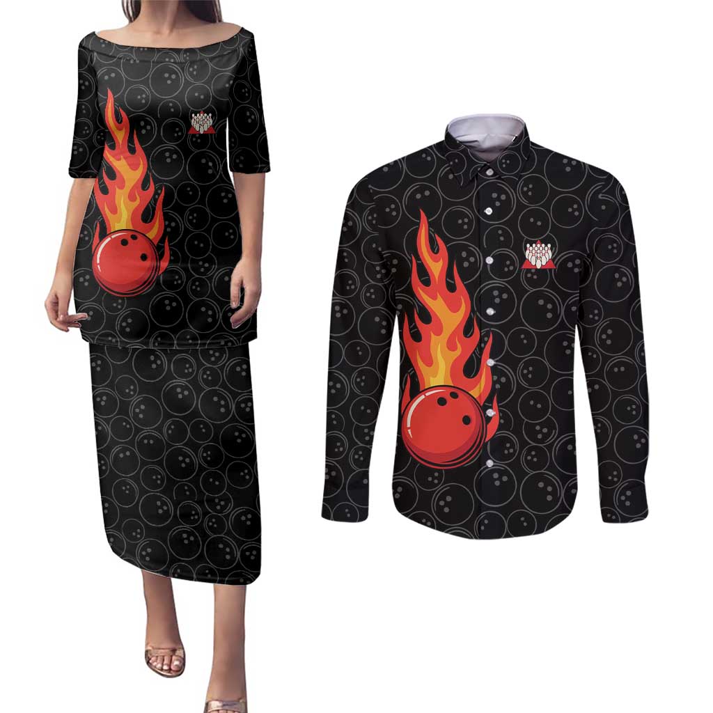 Flaming Bowling Ball Couples Matching Puletasi and Long Sleeve Button Shirt with Strike Explosion and Funny Quote Graphic on Bowling - Wonder Print Shop