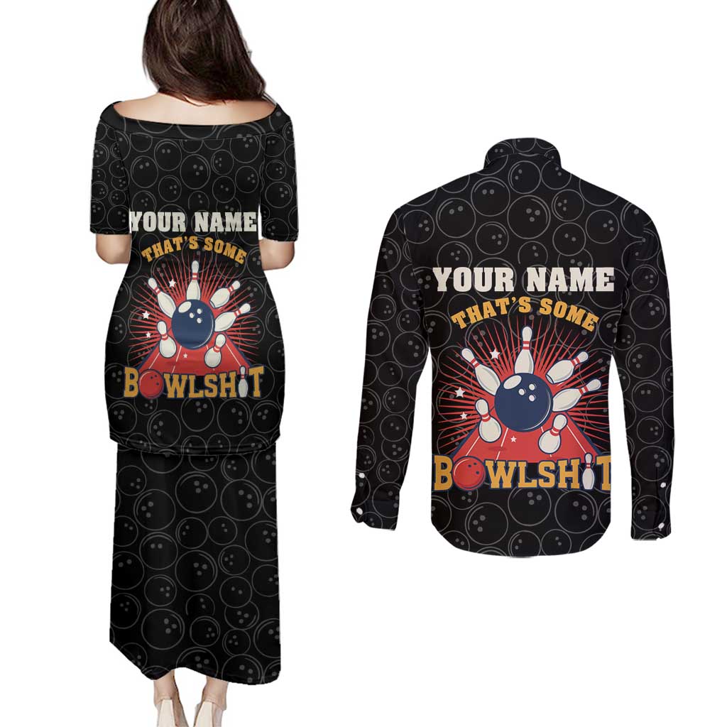 Flaming Bowling Ball Couples Matching Puletasi and Long Sleeve Button Shirt with Strike Explosion and Funny Quote Graphic on Bowling - Wonder Print Shop