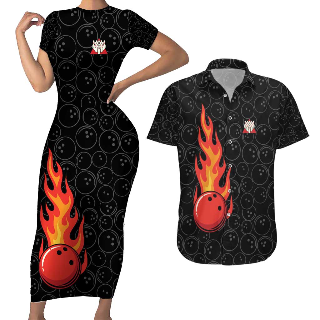 Flaming Bowling Ball Couples Matching Short Sleeve Bodycon Dress and Hawaiian Shirt with Strike Explosion and Funny Quote Graphic on Bowling - Wonder Print Shop