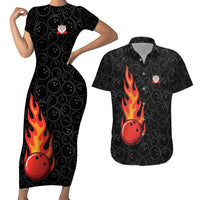 Flaming Bowling Ball Couples Matching Short Sleeve Bodycon Dress and Hawaiian Shirt with Strike Explosion and Funny Quote Graphic on Bowling - Wonder Print Shop