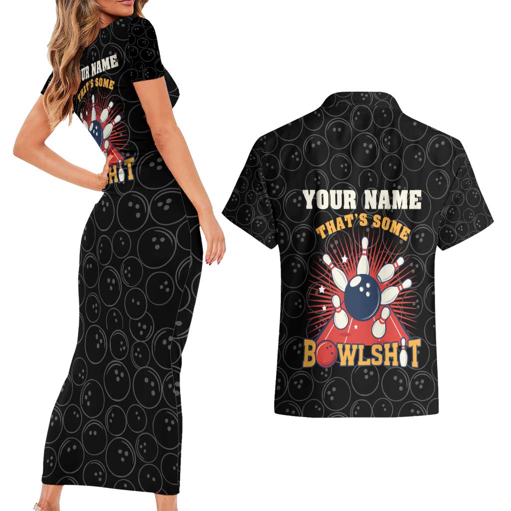 Flaming Bowling Ball Couples Matching Short Sleeve Bodycon Dress and Hawaiian Shirt with Strike Explosion and Funny Quote Graphic on Bowling - Wonder Print Shop