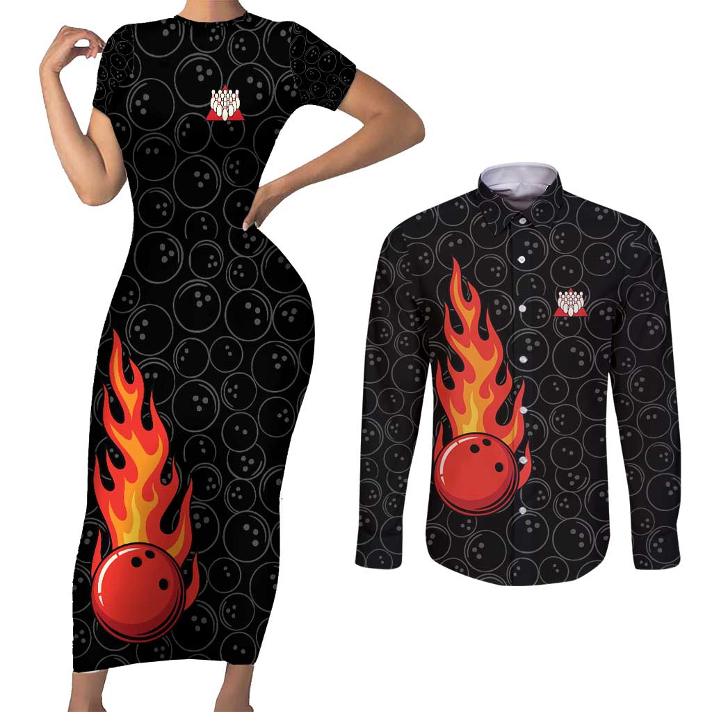 Flaming Bowling Ball Couples Matching Short Sleeve Bodycon Dress and Long Sleeve Button Shirt with Strike Explosion and Funny Quote Graphic on Bowling - Wonder Print Shop