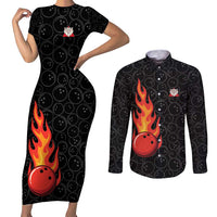 Flaming Bowling Ball Couples Matching Short Sleeve Bodycon Dress and Long Sleeve Button Shirt with Strike Explosion and Funny Quote Graphic on Bowling - Wonder Print Shop