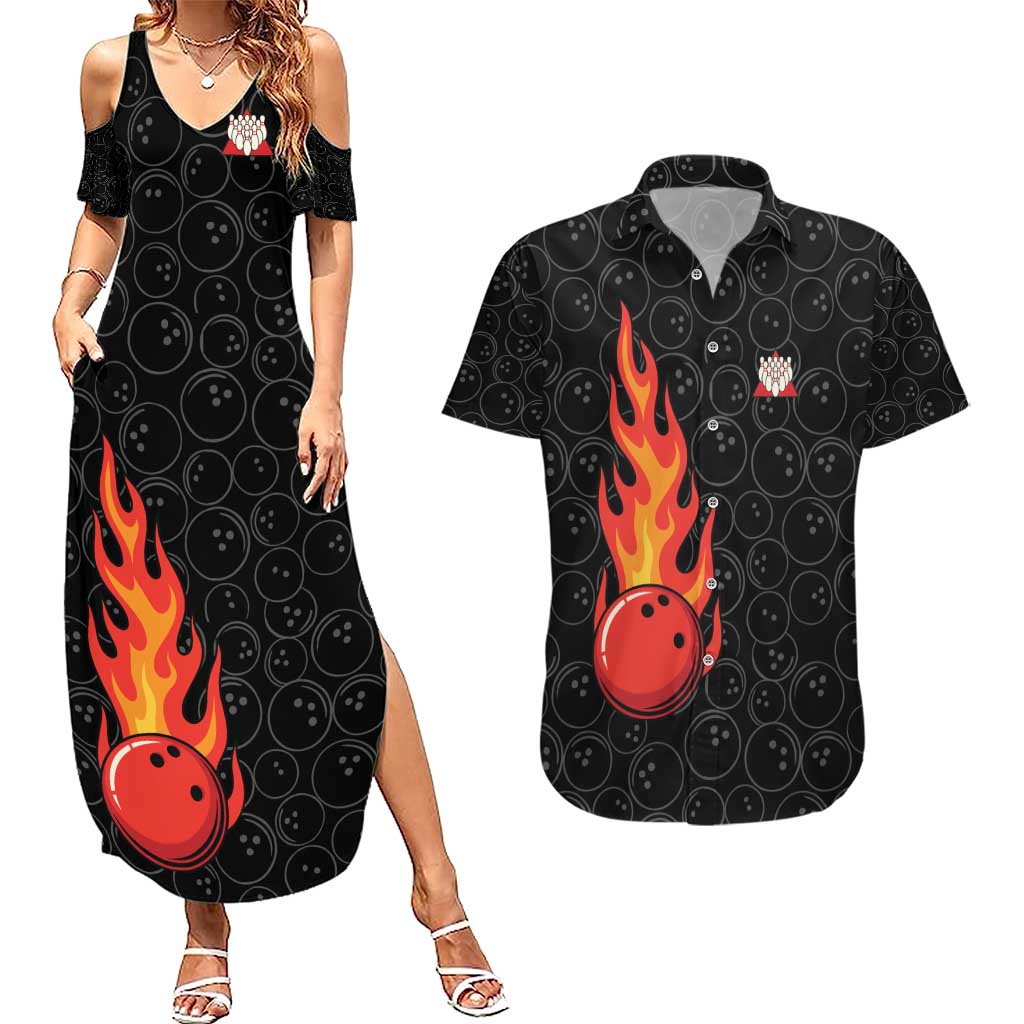 Flaming Bowling Ball Couples Matching Summer Maxi Dress and Hawaiian Shirt with Strike Explosion and Funny Quote Graphic on Bowling - Wonder Print Shop