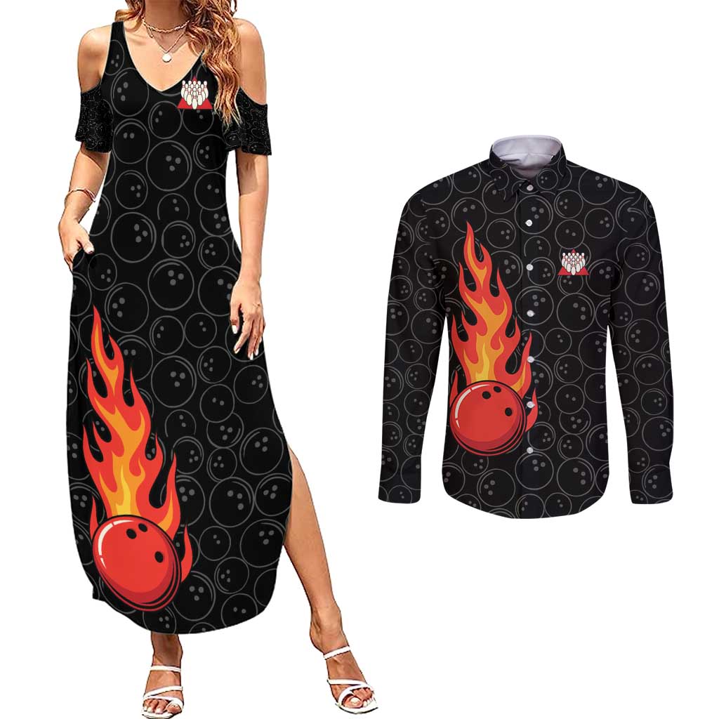Flaming Bowling Ball Couples Matching Summer Maxi Dress and Long Sleeve Button Shirt with Strike Explosion and Funny Quote Graphic on Bowling - Wonder Print Shop