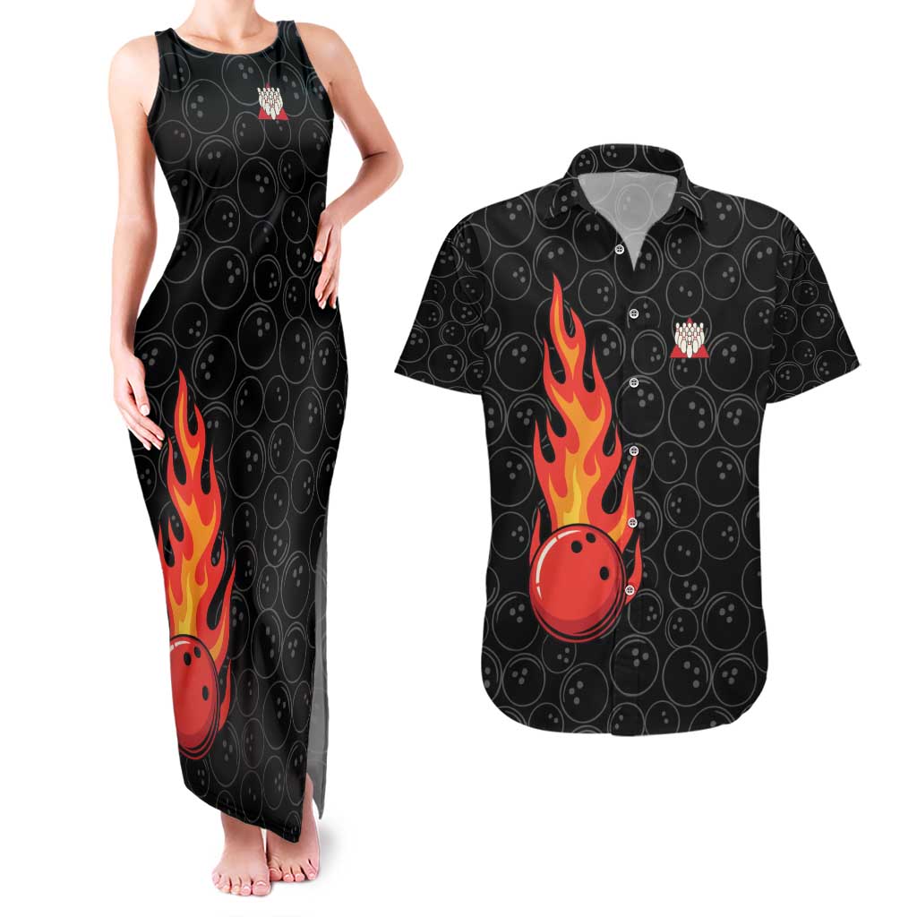 Flaming Bowling Ball Couples Matching Tank Maxi Dress and Hawaiian Shirt with Strike Explosion and Funny Quote Graphic on Bowling - Wonder Print Shop