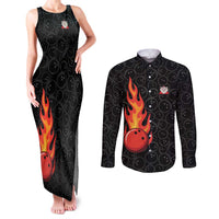 Flaming Bowling Ball Couples Matching Tank Maxi Dress and Long Sleeve Button Shirt with Strike Explosion and Funny Quote Graphic on Bowling - Wonder Print Shop