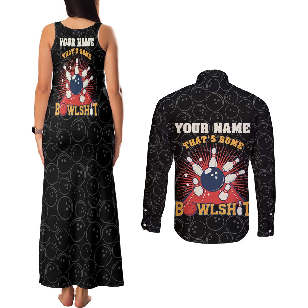 Flaming Bowling Ball Couples Matching Tank Maxi Dress and Long Sleeve Button Shirt with Strike Explosion and Funny Quote Graphic on Bowling - Wonder Print Shop