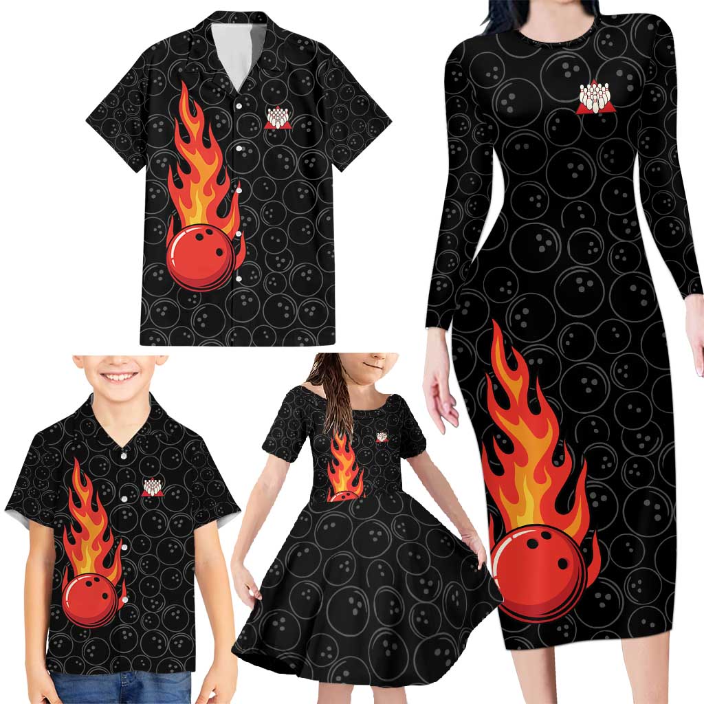 Flaming Bowling Ball Family Matching Long Sleeve Bodycon Dress and Hawaiian Shirt with Strike Explosion and Funny Quote Graphic on Bowling - Wonder Print Shop