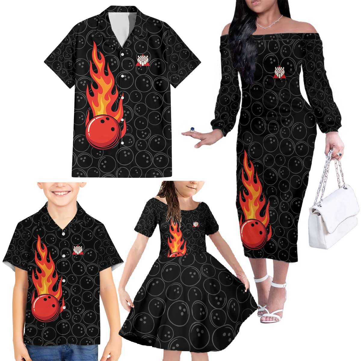 Flaming Bowling Ball Family Matching Off The Shoulder Long Sleeve Dress and Hawaiian Shirt with Strike Explosion and Funny Quote Graphic on Bowling - Wonder Print Shop