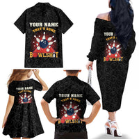 Flaming Bowling Ball Family Matching Off The Shoulder Long Sleeve Dress and Hawaiian Shirt with Strike Explosion and Funny Quote Graphic on Bowling - Wonder Print Shop