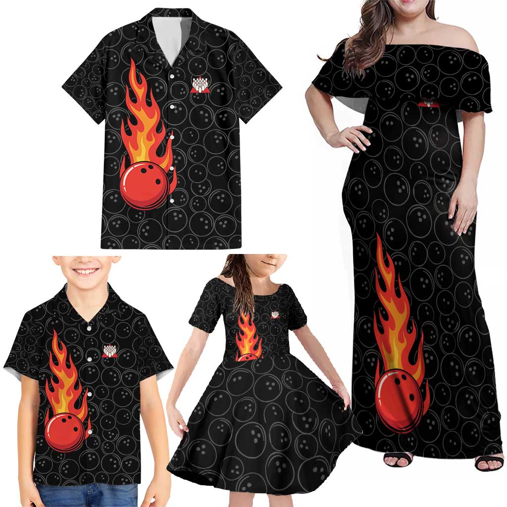 Flaming Bowling Ball Family Matching Off Shoulder Maxi Dress and Hawaiian Shirt with Strike Explosion and Funny Quote Graphic on Bowling - Wonder Print Shop