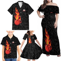 Flaming Bowling Ball Family Matching Off Shoulder Maxi Dress and Hawaiian Shirt with Strike Explosion and Funny Quote Graphic on Bowling - Wonder Print Shop