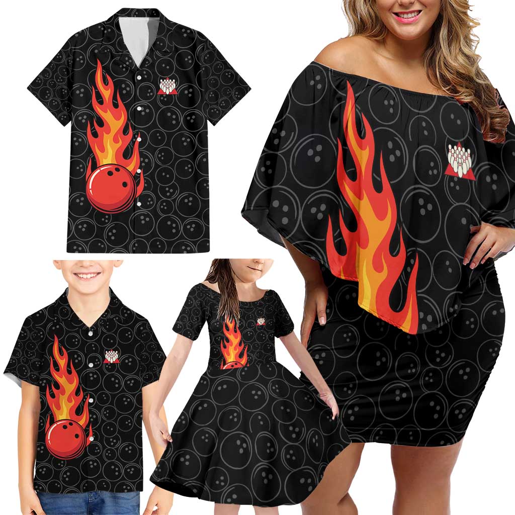 Flaming Bowling Ball Family Matching Off Shoulder Short Dress and Hawaiian Shirt with Strike Explosion and Funny Quote Graphic on Bowling - Wonder Print Shop