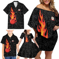 Flaming Bowling Ball Family Matching Off Shoulder Short Dress and Hawaiian Shirt with Strike Explosion and Funny Quote Graphic on Bowling - Wonder Print Shop