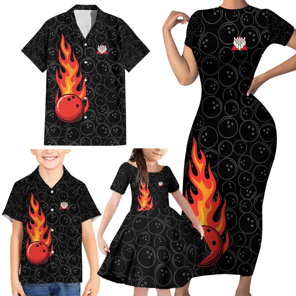 Flaming Bowling Ball Family Matching Short Sleeve Bodycon Dress and Hawaiian Shirt with Strike Explosion and Funny Quote Graphic on Bowling - Wonder Print Shop