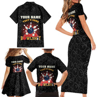 Flaming Bowling Ball Family Matching Short Sleeve Bodycon Dress and Hawaiian Shirt with Strike Explosion and Funny Quote Graphic on Bowling - Wonder Print Shop