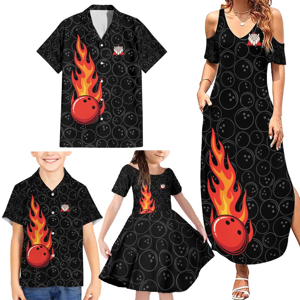 Flaming Bowling Ball Family Matching Summer Maxi Dress and Hawaiian Shirt with Strike Explosion and Funny Quote Graphic on Bowling - Wonder Print Shop