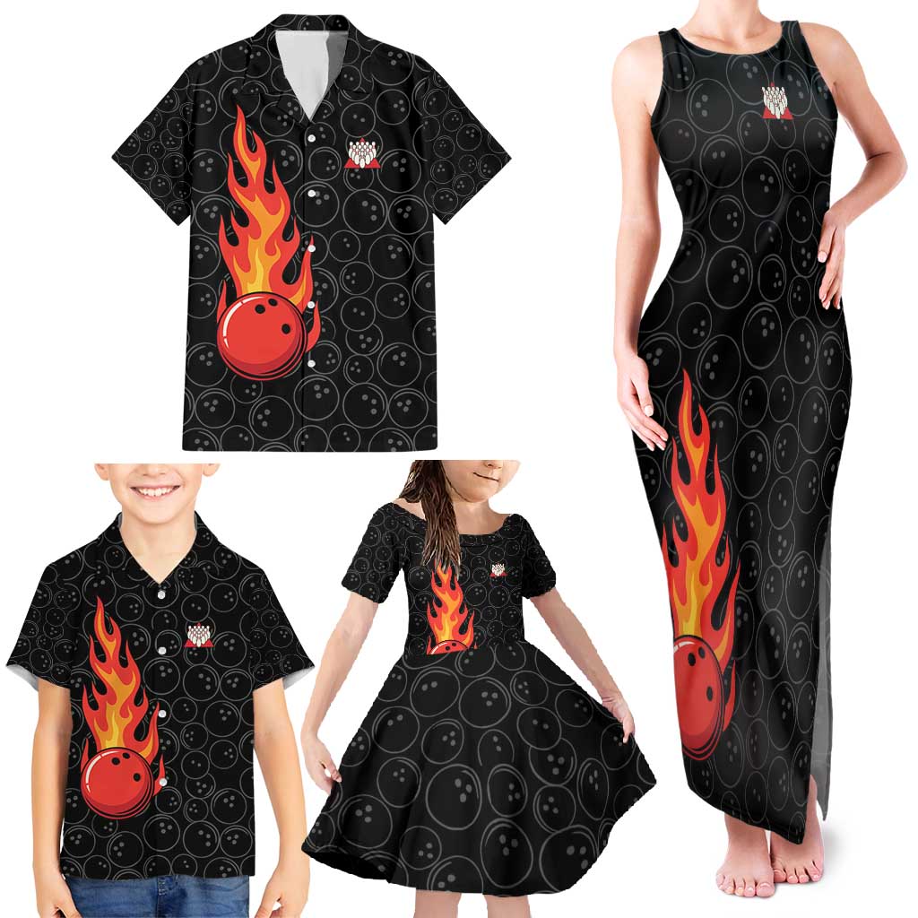 Flaming Bowling Ball Family Matching Tank Maxi Dress and Hawaiian Shirt with Strike Explosion and Funny Quote Graphic on Bowling - Wonder Print Shop