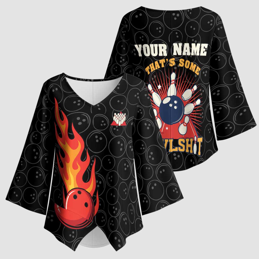 Flaming Bowling Ball Kimono Sleeve Blouse with Strike Explosion and Funny Quote Graphic on Bowling - Wonder Print Shop