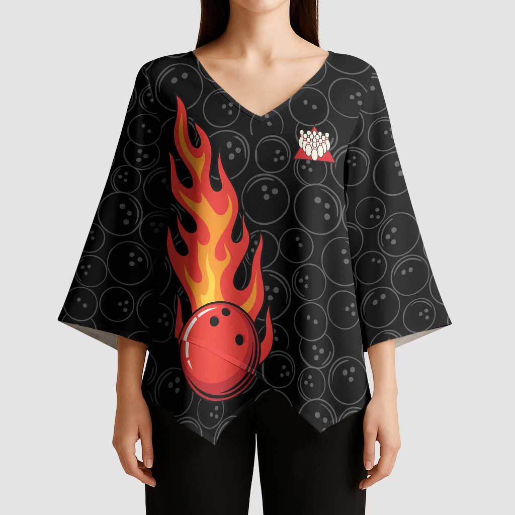 Flaming Bowling Ball Kimono Sleeve Blouse with Strike Explosion and Funny Quote Graphic on Bowling - Wonder Print Shop