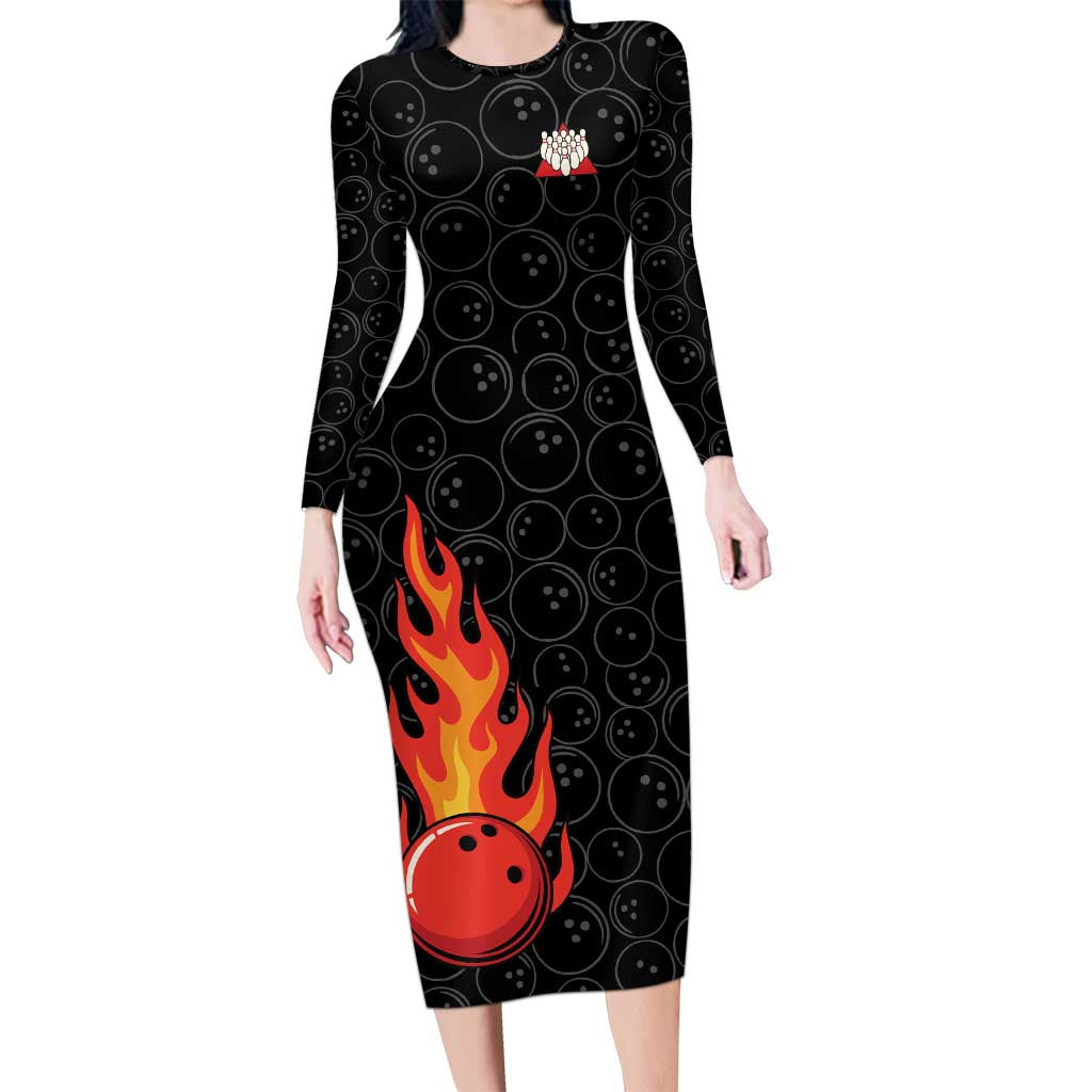 Flaming Bowling Ball Long Sleeve Bodycon Dress with Strike Explosion and Funny Quote Graphic on Bowling - Wonder Print Shop