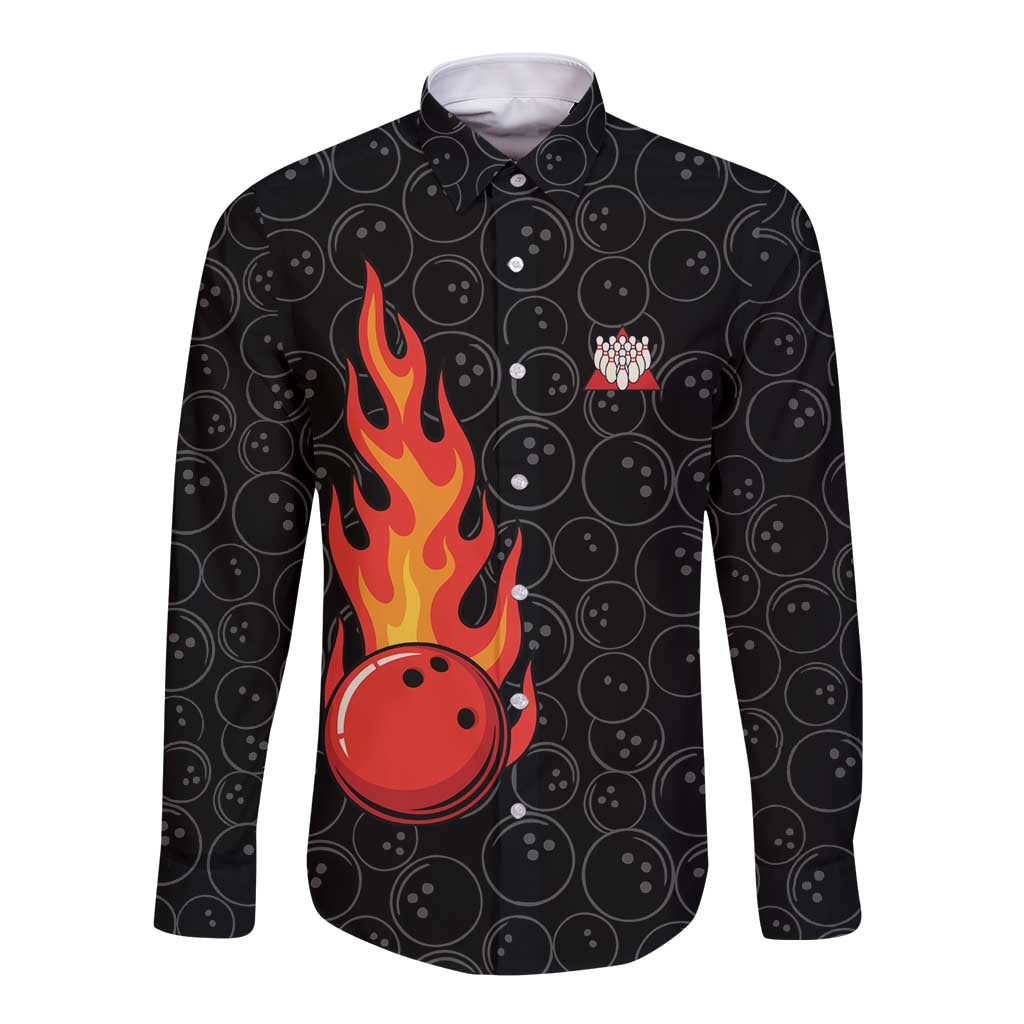 Flaming Bowling Ball Long Sleeve Button Shirt with Strike Explosion and Funny Quote Graphic on Bowling - Wonder Print Shop