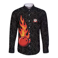 Flaming Bowling Ball Long Sleeve Button Shirt with Strike Explosion and Funny Quote Graphic on Bowling - Wonder Print Shop