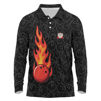 Flaming Bowling Ball Long Sleeve Polo Shirt with Strike Explosion and Funny Quote Graphic on Bowling - Wonder Print Shop