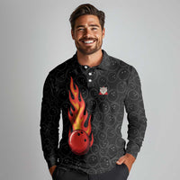Flaming Bowling Ball Long Sleeve Polo Shirt with Strike Explosion and Funny Quote Graphic on Bowling - Wonder Print Shop