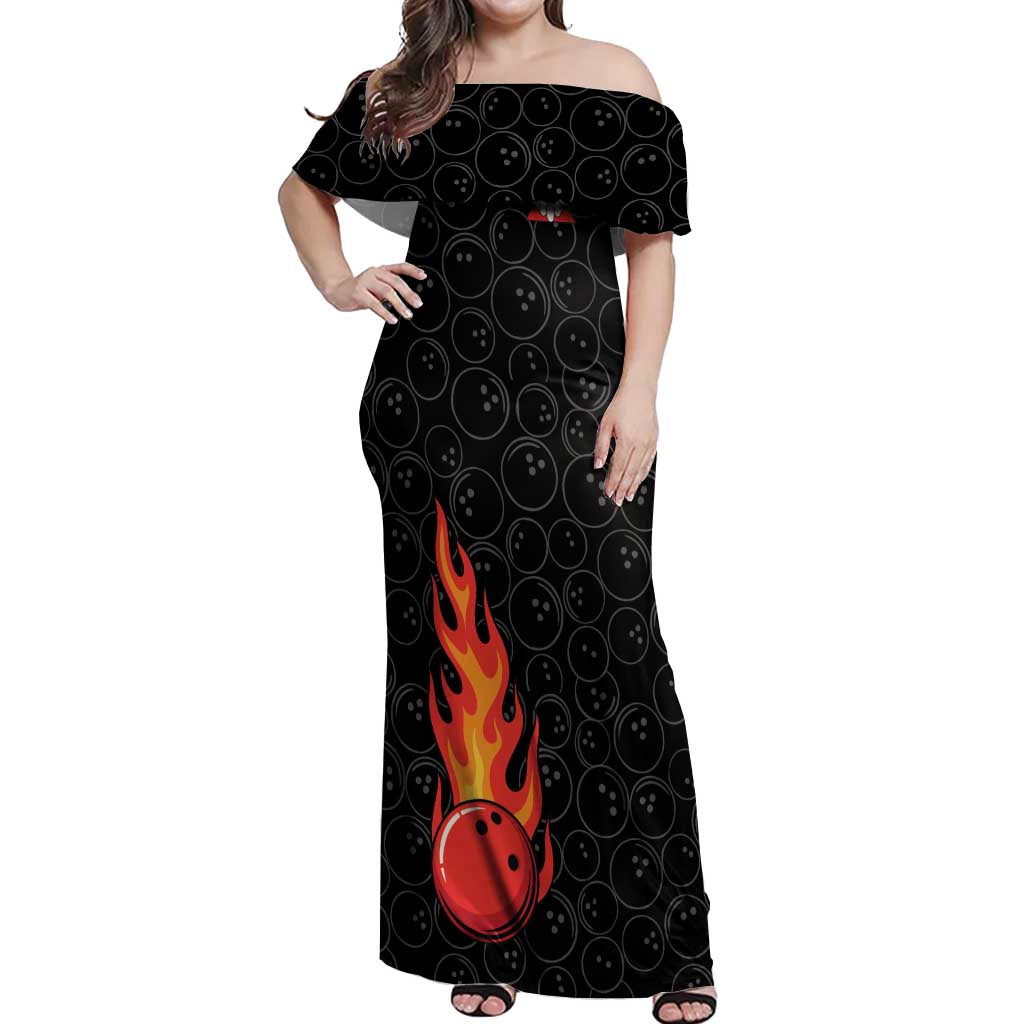 Flaming Bowling Ball Off Shoulder Maxi Dress with Strike Explosion and Funny Quote Graphic on Bowling - Wonder Print Shop