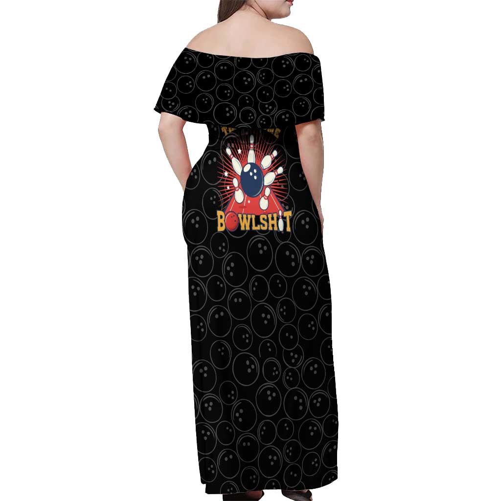 Flaming Bowling Ball Off Shoulder Maxi Dress with Strike Explosion and Funny Quote Graphic on Bowling - Wonder Print Shop