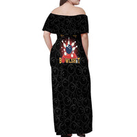 Flaming Bowling Ball Off Shoulder Maxi Dress with Strike Explosion and Funny Quote Graphic on Bowling - Wonder Print Shop