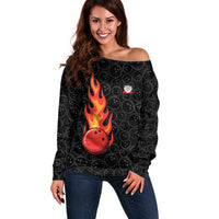 Flaming Bowling Ball Off Shoulder Sweater with Strike Explosion and Funny Quote Graphic on Bowling - Wonder Print Shop